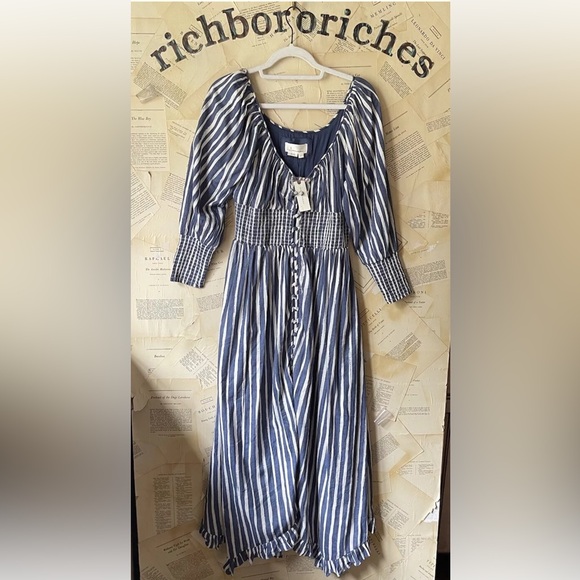 Anthropologie Long Sleeve Sweetheart Maxi Midi Dress Blue Motif - Picture 8 of 9